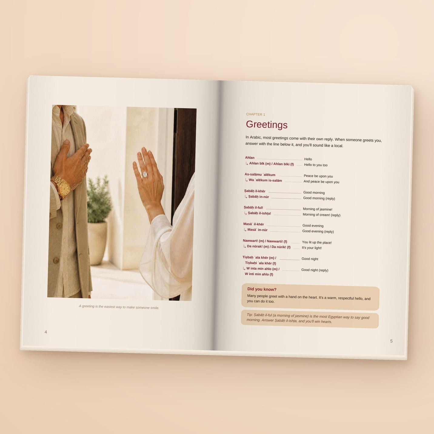 The Egyptian book open at Greetings, every greeting with its reply