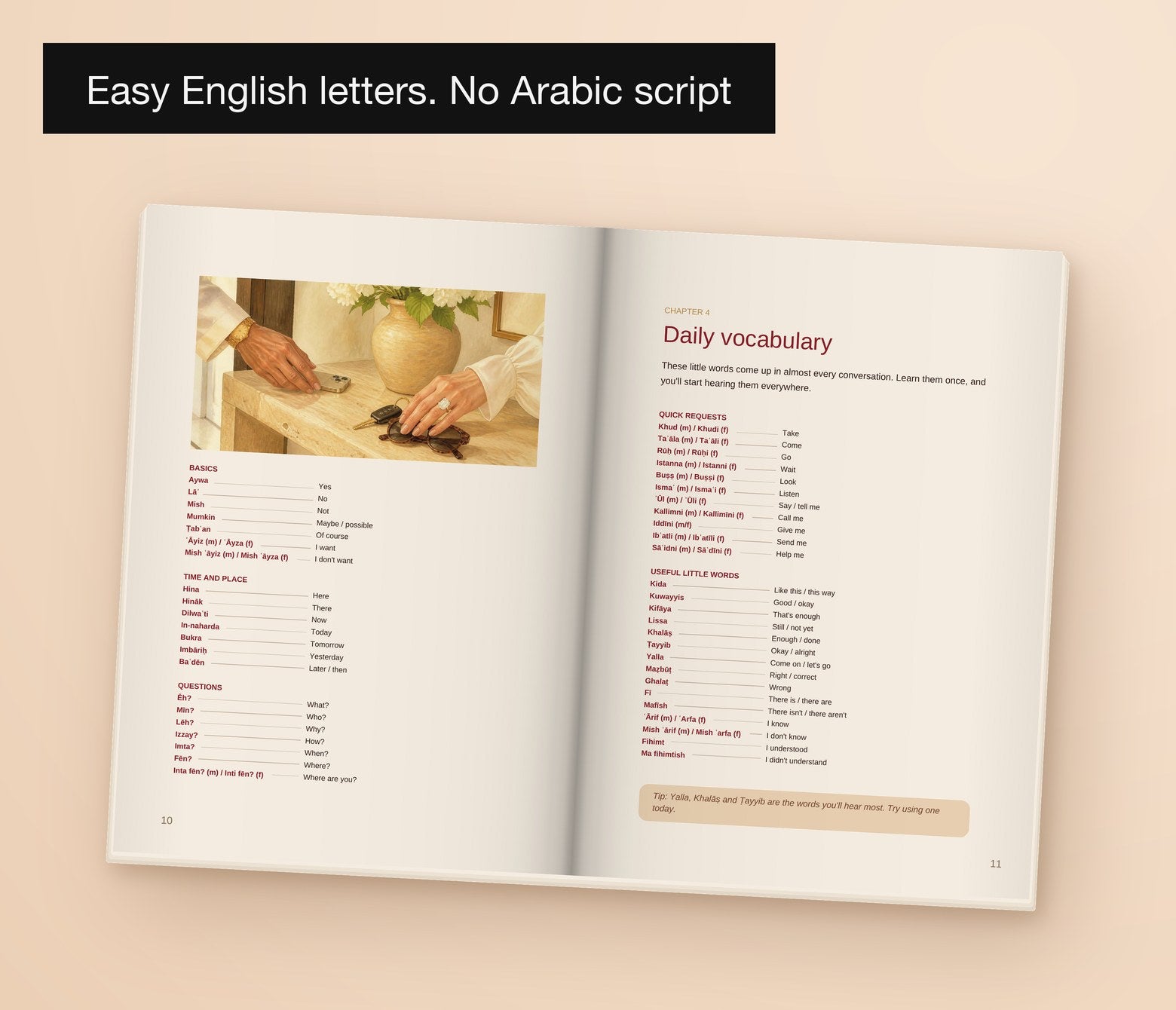 Learn Arabic for Your Habibi — Egyptian, Easy English letters. No Arabic script: the Daily vocabulary spread