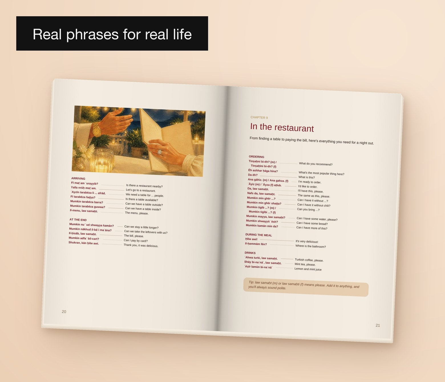 Learn Arabic for Your Habibi — Egyptian, Real phrases for real life: the In the restaurant spread