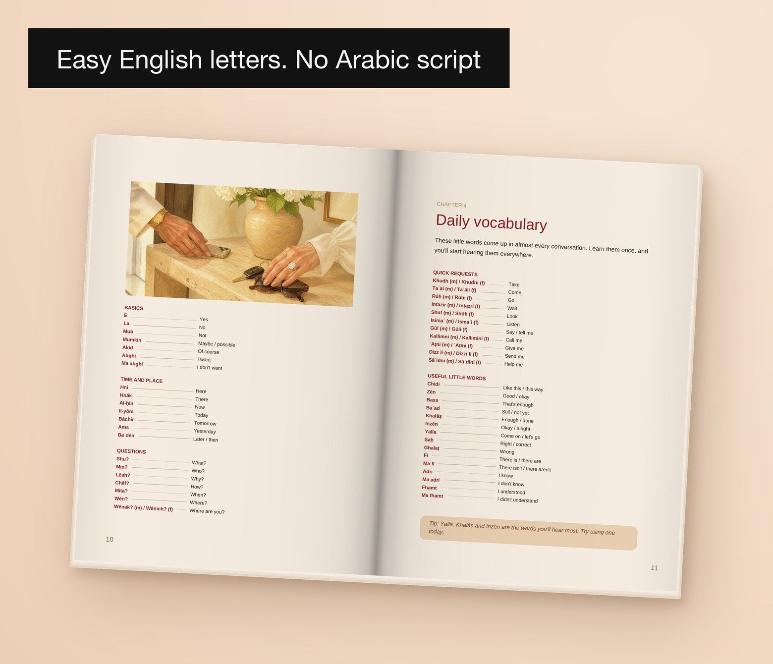 Learn Arabic for Your Habibi — Khaleeji, Easy English letters. No Arabic script: the Daily vocabulary spread