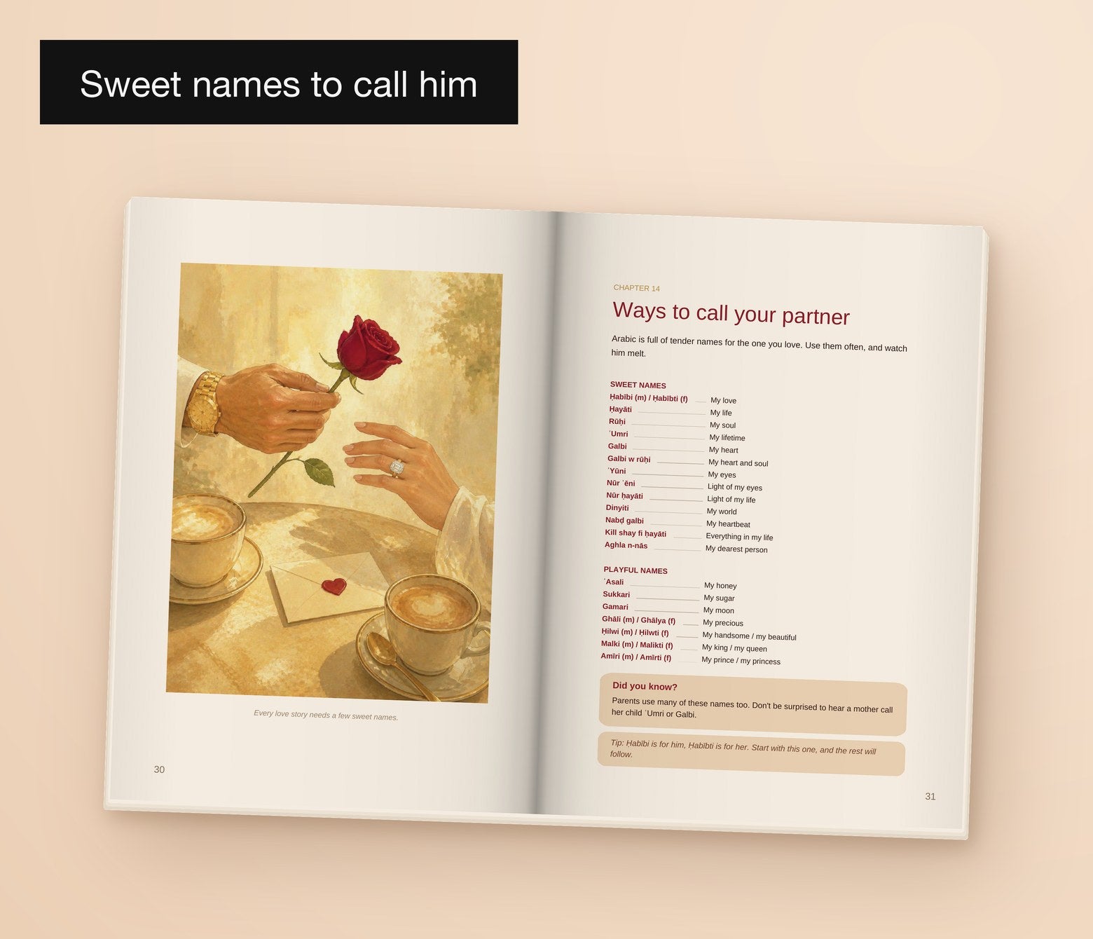 Learn Arabic for Your Habibi — Khaleeji, Sweet names to call him: the Ways to call your partner spread
