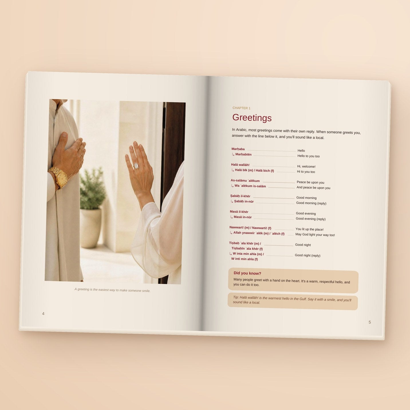 The Khaleeji book open at Greetings, every greeting with its reply