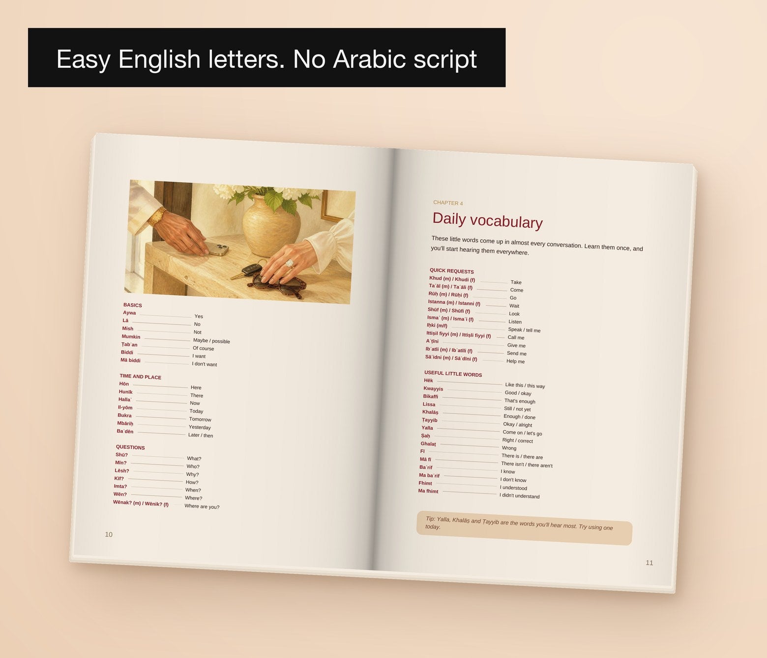 Learn Arabic for Your Habibi — Levantine, Easy English letters. No Arabic script: the Daily vocabulary spread